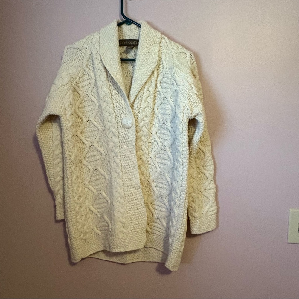 💚Inis Crafts 100% Merino Wool Cream Cable Knit Cardigan